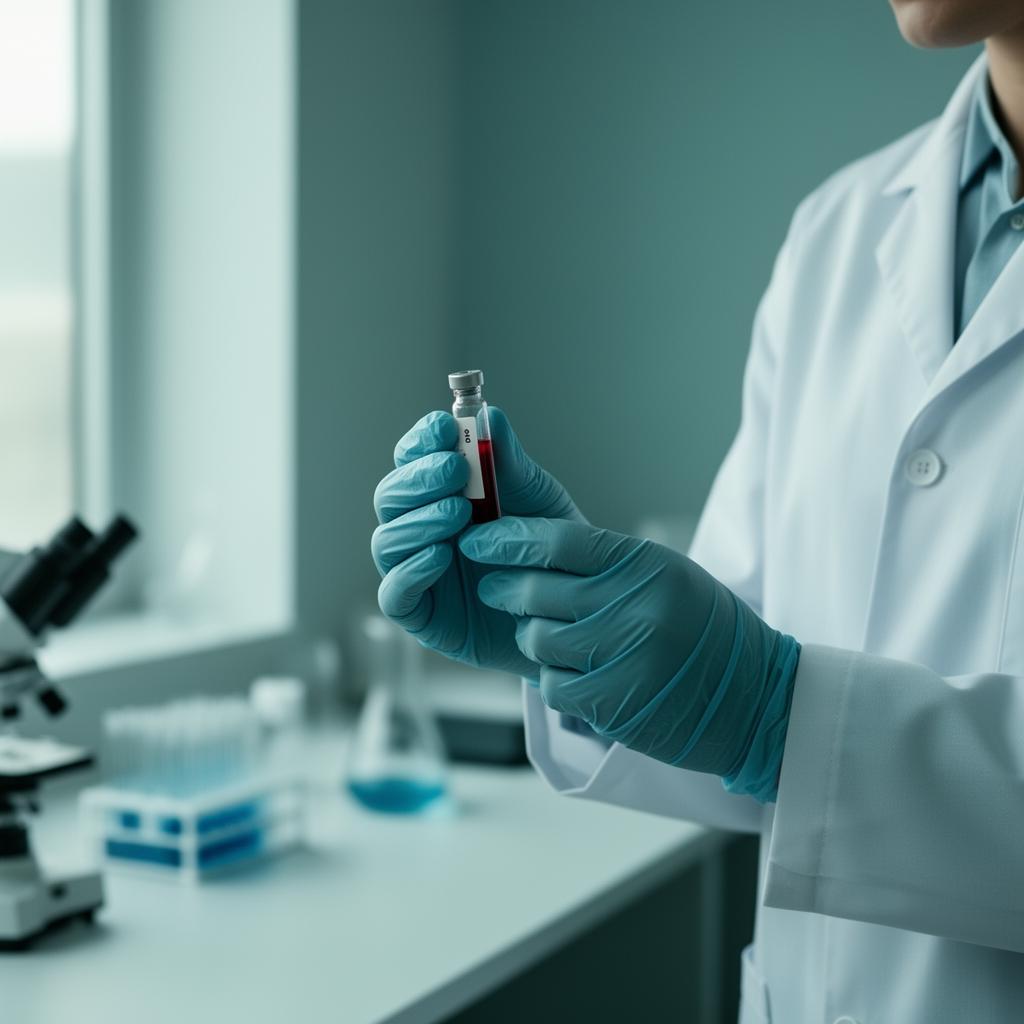 Scientist holding a vial of blood in a clean lab