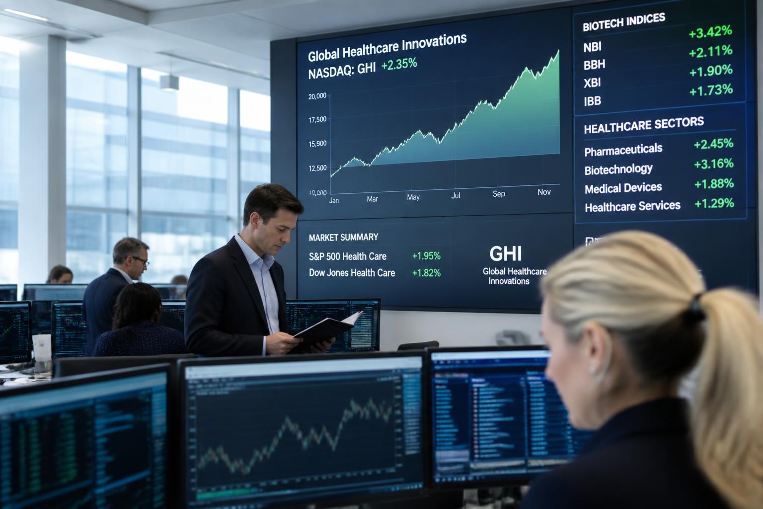 Investors reviewing healthcare and biotech market performance on trading floor displays