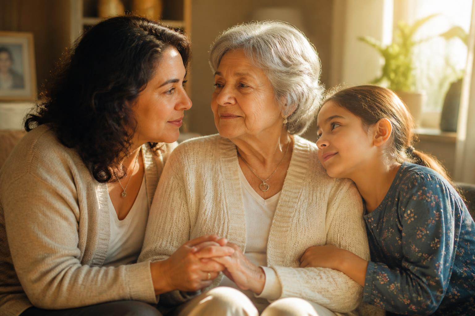 Three generations of a family sitting together in warm window light, holding hands