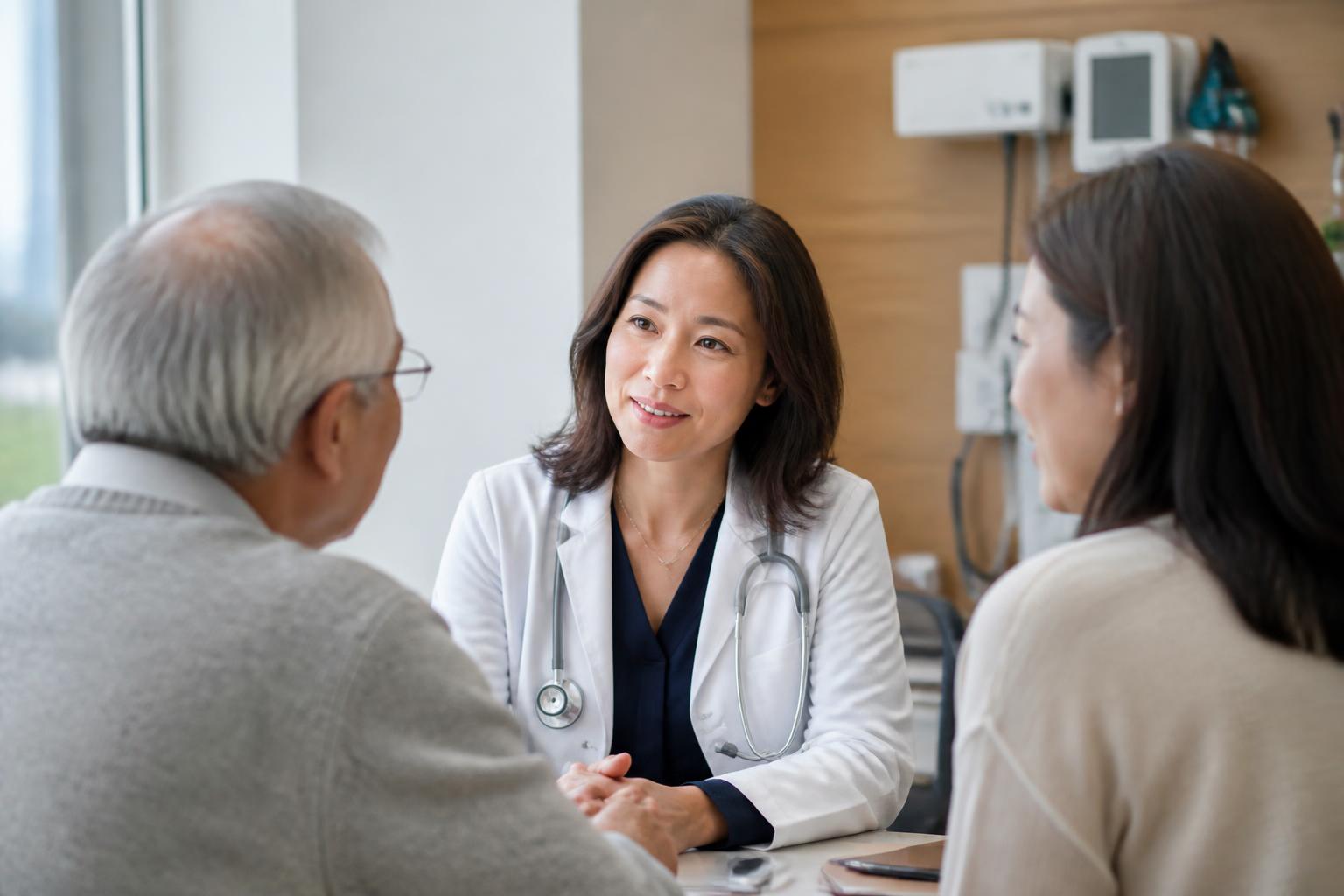 Compassionate physician meeting with an older patient and their adult family member in a modern hospital consultation room