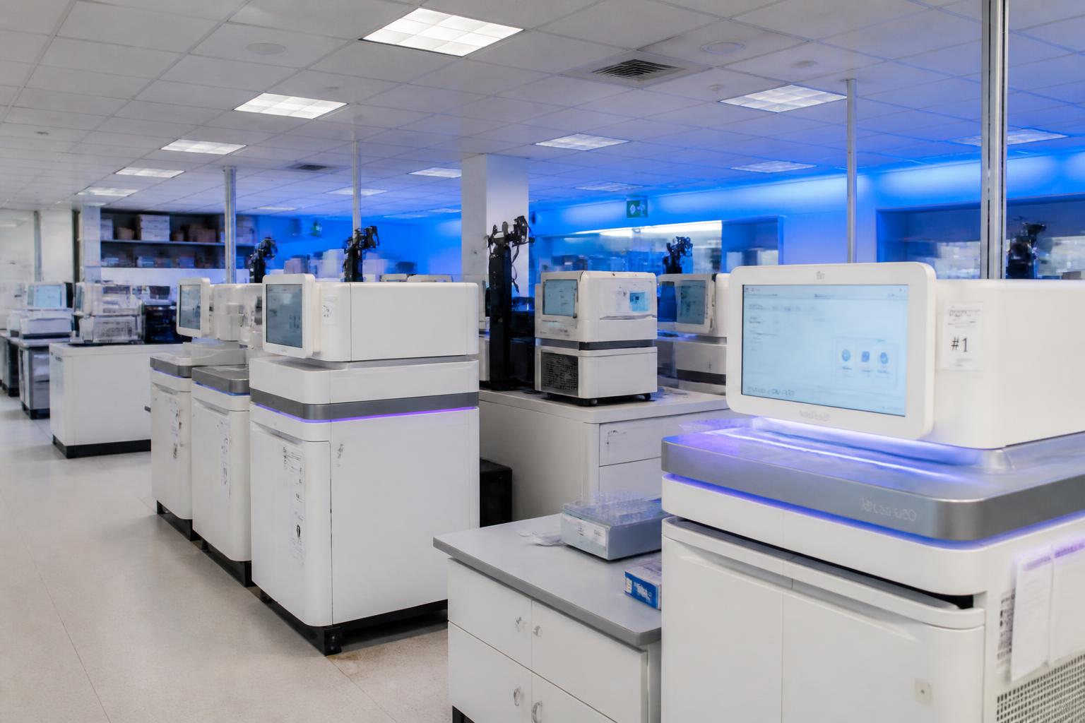 Modern genomic sequencing laboratory with rows of analyzers