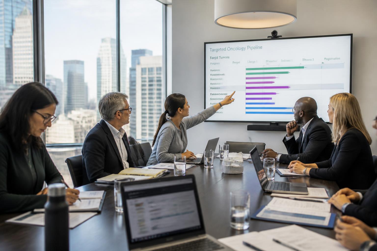 Biotech executives reviewing therapeutic pipeline in a modern boardroom