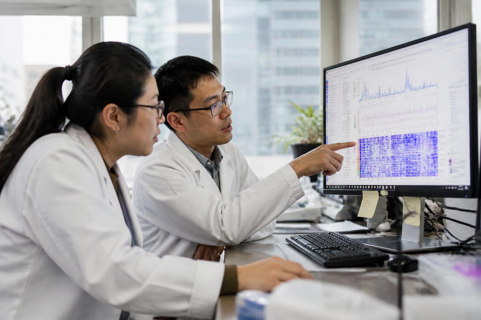Two scientists reviewing genomic data on a monitor