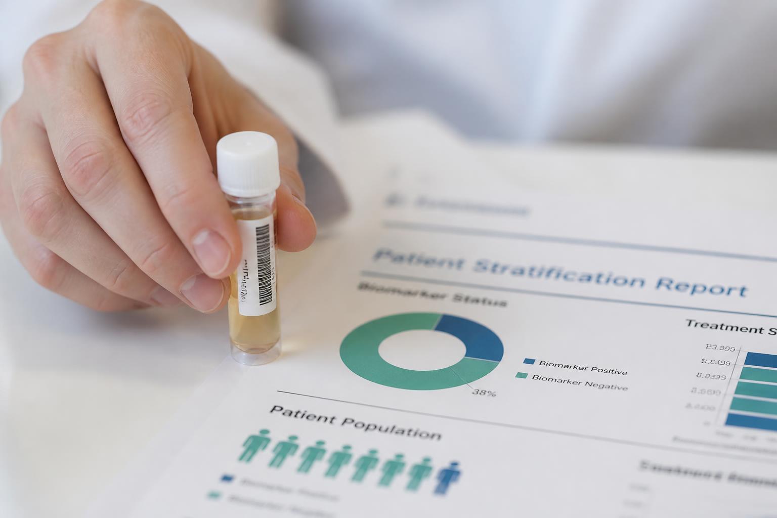 Plasma sample vial next to a patient stratification report