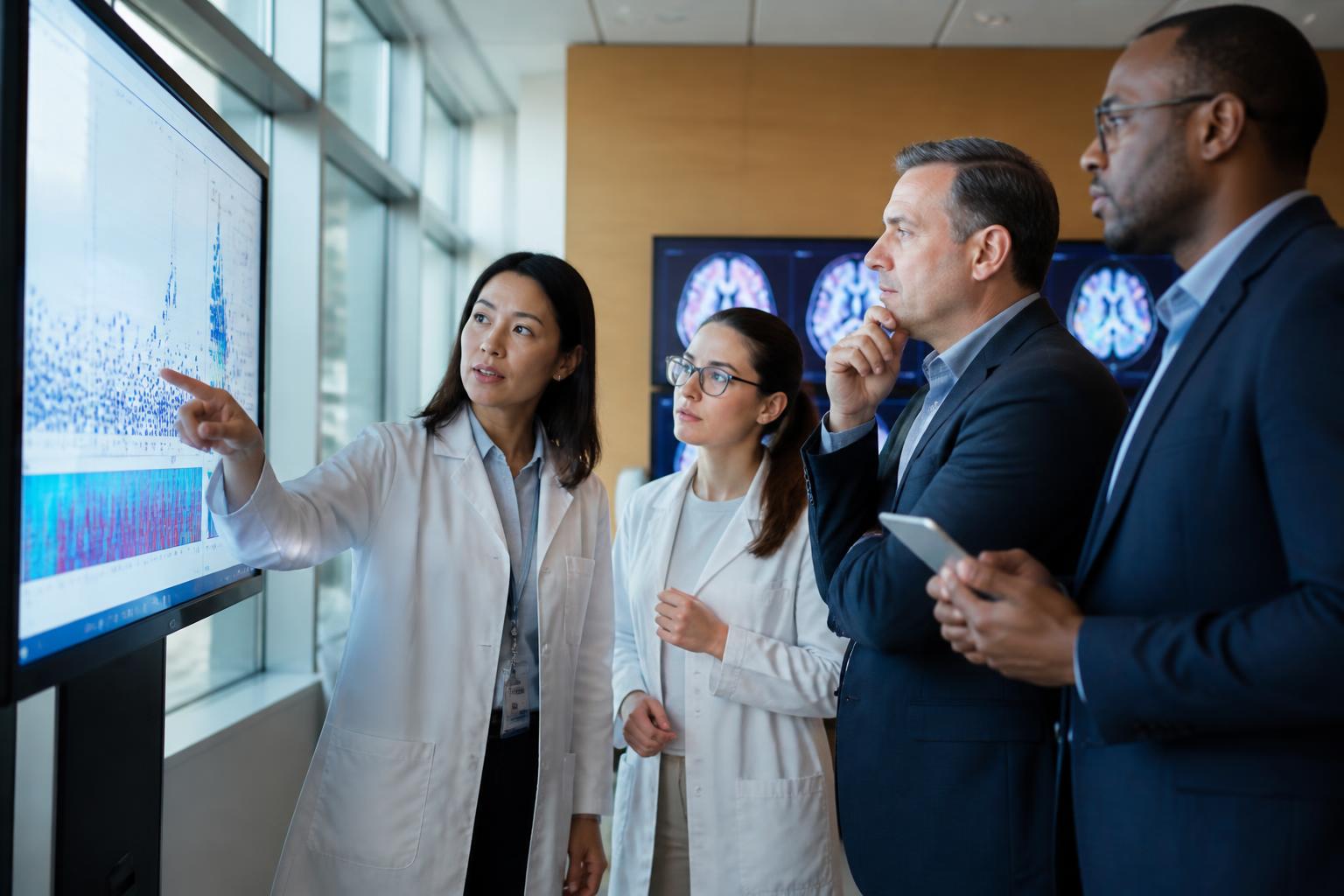Neuroscientists, physicians and pharmaceutical research partners reviewing molecular biomarker data in a clinical research center